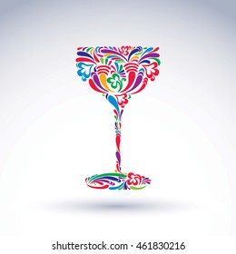 Fantasy decoration, art design goblet with bright flower-patterned filling. Alcohol idea vector illustration, creative glass of wine, vector graphic element.
