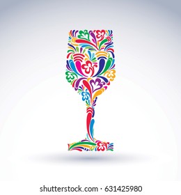 Fantasy decoration, art design goblet with bright flower-patterned filling. Alcohol idea vector illustration, creative glass of wine, vector graphic element.