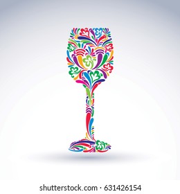 Decoración fantástica, goblet de diseño artístico con un relleno florido brillante. Ilustración vectorial de idea de alcohol, vidrio creativo de vino, elemento gráfico.