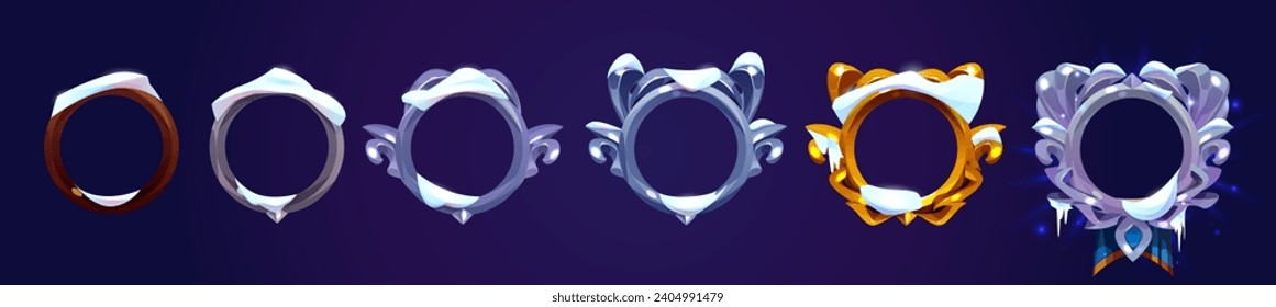 Fantasy decoration frame covered with snow for avatar or menu banner of game level rank ui design. Evolution set of winter medieval round border with different amount of curling decoration edges.