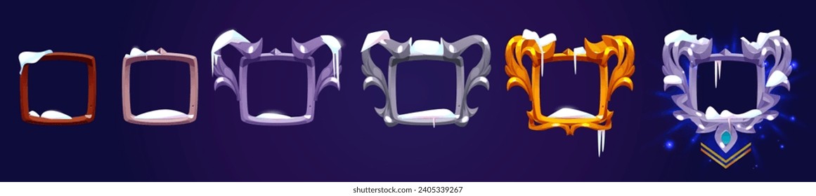 Fantasy decoration frame covered with snow for avatar or menu banner of game level rank ui design. Evolution set of winter medieval square border with different amount of curling decoration edges.