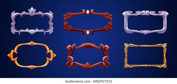 Fantasy decoration game ui frame for avatar or menu banner. Golden, wooden and silver oval and rectangular border with curling edges. Cartoon vector illustration set of medieval interface design deco