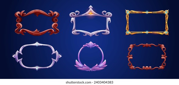 Fantasy decoration game ui frame for avatar or menu banner. Golden, wooden and silver round and rectangular border with curling edges. Cartoon vector illustration set of medieval interface design deco