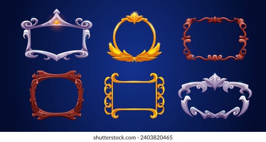 Fantasy decoration game ui frame for avatar or menu banner. Golden, wooden and silver round and rectangular border with curling edges. Cartoon vector illustration set of medieval interface design deco