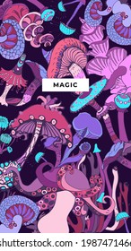 Fantasy decorative background with magic mushrooms of various shape on dark background. Cute cover social network, mobile phone, hand drawn concept pattern. Vector illustration.