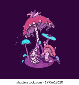 Fantasy decorative background with magic mushrooms of various shape on dark background. Beautiful magic landscape, hand drawn concept. Vector illustration