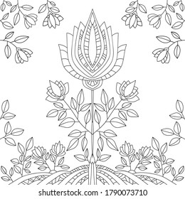 Fantasy decorative big and middle flowers with simple pattern and leaves on white isolated background. For coloring book pages.