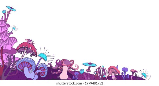 Fantasy decorative corner with magic mushrooms of various shape on white background. Beautiful magic frame landscape, hand drawn concept. Vector illustration.