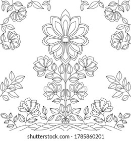 Fantasy-dekorative Blumen mit floralem Muster und Blätter auf weißem, isoliertem Hintergrund. Zum Färben von Buchseiten.