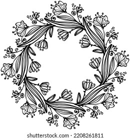 Fantasy decorative flowers in wreath, black lines doodle. St Valentine's Day greeting card, invitation, coaster design template.