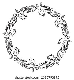 Fantasy decorative flowers in wreath, black lines doodle. St Valentine's Day greeting card, invitation, coaster design template.