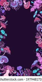 Magnífico marco decorativo con hongos mágicos de diversas formas sobre fondo oscuro. Red social de cobertura pequeña. Concepto dibujado a mano. Ilustración vectorial.