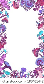 Fantasy decorative frame with magic mushrooms of various shape on white background. Cute cover social network. Hand drawn concept. Vector illustration.