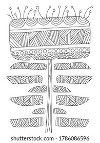 Fantasy decorative ornamental blossom flower coloring page stock vector illustration. Unsual assymetry antistress floral colouring for kids and adults. Printable summer black and white illustration.