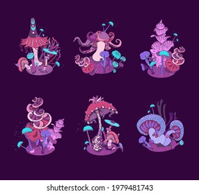Fantasy decorative set of groups of magic mushrooms various shape on dark background. Beautiful magic landscape, hand drawn concept. Vector illustration