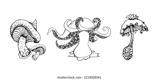 Fantasy decorative set of hand drawn magic mushrooms various shape on white background. Vector illustration.