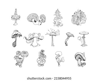 Fantasy decorative set of hand drawn magic mushrooms various shape on white background. Vector illustration