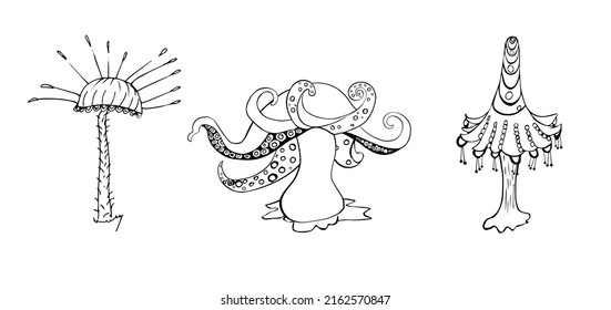 Fantasy decorative set of hand drawn magic mushrooms various shape on white background. Vector illustration