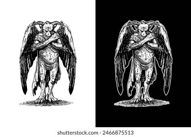 Fantasy Dämon mit Flügeln, handgezeichneter Holzschnitt Gravur Stil Vintage Antik Vektorillustration