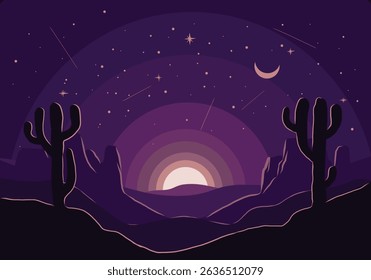 Fantasy desert night sky illustration with moon and stars