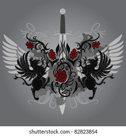 Fantasy design with gryphon and roses on gray background