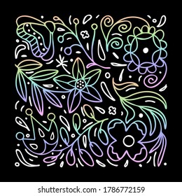 Fantasy Doodle flower background. Gradient iridescent pattern on a black background. Hand-drawn floral ornament, print for fabric, posters, notebooks, book illustrations.