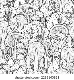 Fantasía en el bosque de doodle patrón blanco y negro sin costuras. Página de coloreado de garabatos con árboles para libro de coloreo. Fondo de esquema. Ilustración del vector