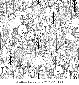 Fantasy doodle forest black and white seamless pattern. Doodle coloring page with trees for coloring book. Outline background. Vector illustration