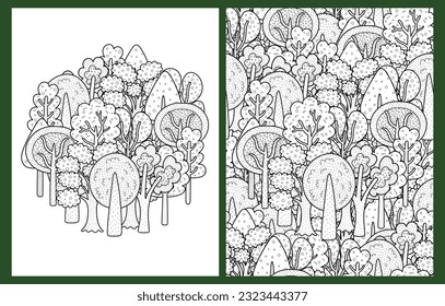 Páginas de coloreo de bosques de doodle de fantasía establecidas en formato Carta de EE. Plantillas de fondo de árboles dibujados a mano en blanco y negro para libros de color. Ilustración del vector