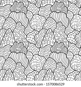 Fantasy doodle forest, vector seamless pattern. Black and white trees. For coloring book, wrapping, printing, fabric and textile. Hand drawn illustration