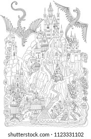 Fantasy doodle landscape. Fairy tale castle on a hill. Fantastic mountain, palm tree, garden, river, waterfall, flying dragons. Black and white T-shirt print. Album cover.  Coloring book page for adul