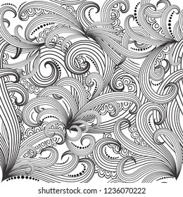 Fantasy doodle swirls black and white vector seamless pattern. Hand drawn vintage monochrome ornamental background. Repeat distressed floral backdrop. Elegance Paisley flowers. Ethnic style ornament