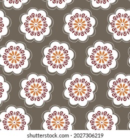 Fantasías salpicadas de flores sin fisuras con mandala ornamental. Resumen de la flor de doodle alrededor sobre fondo marrón. Círculo geométrico floral. Ilustración vectorial.