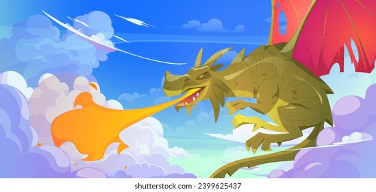 Fantasy dragon breathing with fire in blue sky. Vector cartoon illustration of magic fairytale animal with wings and claws attacking with mouth flame, medieval adventure game character, reptile mascot