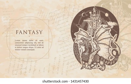 Fantasy  Dragon   castle  Renaissance background  Medieval manuscript  engraving art 