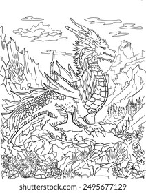 fantasy dragon coloring  page  with mountains  fantasy dragon coloring  page 