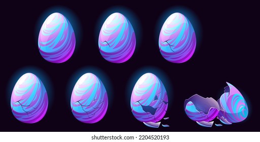 Fantasy Dragon Eggs In Different Steps Of Break With Cracks And Shell Halves. Vector Cartoon Animation Sprite Sheet With Sequence Of Magic Animal Or Alien Monster Born From Egg With Spiral Pattern