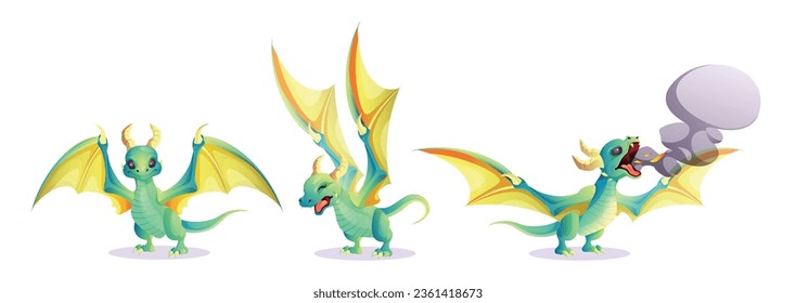 Fantasy dragon for game design. Cute cartoon fairy green reptile animal breathes fire and smoke. Vector illustration set of mythical magic creature with wings, horns and tail in various poses.