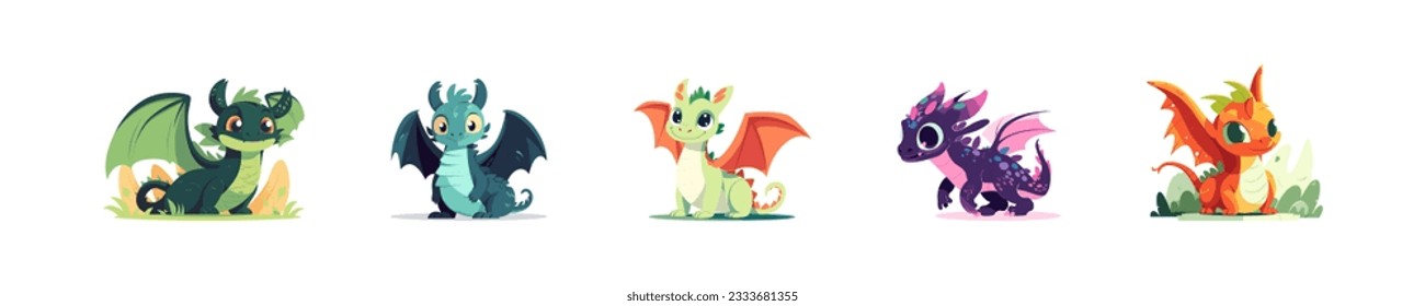 Fantasy dragon illustration set. Cute cartoon colorful baby magic dragon collection in vector flat style.