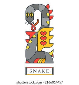 Fantasy dragon. Legendary winged snake. Medieval creature. Red and yellow and black colors and line