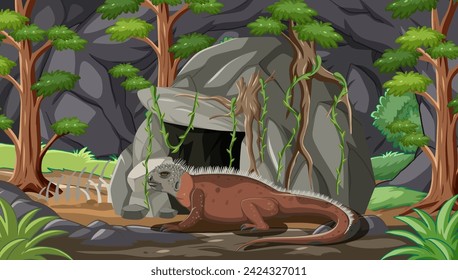 Fantasy dragon resting by a stone cave entrance