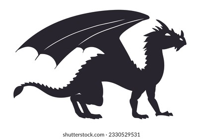 Fantasy dragon silhouette. Cartoon standing reptile, winged magic dragon, fairy tale fire breathing dragon flat vector illustration