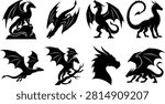 Fantasy Dragon Silhouette Icon Set with Various Winged and Horned Mythical Creature Poses