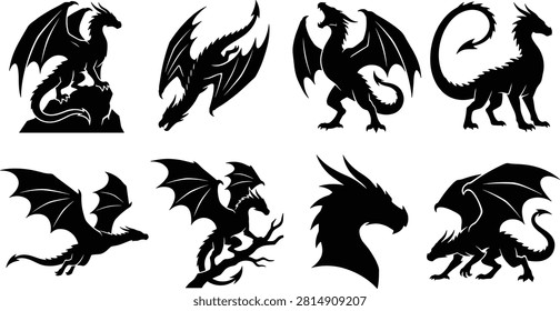 Fantasy Dragon Silhouette Icon Set with Various Winged and Horned Mythical Creature Poses