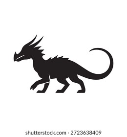 Fantasy Dragon Silhouette – Vector de criatura mítica con cuernos, púas y cola curva para emblema y diseño