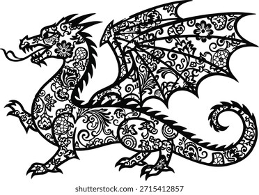Fantasy dragon silhouette vector illustration with wings for mythical creature logos and medieval art designs.