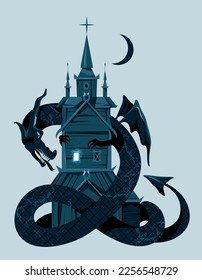 El dragón de fantasía se sienta cerca de la iglesia. Noche. Diseño de caracteres.