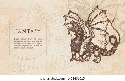 Fantasy. Dragon. Symbol force, fantasy, fairy tale. Renaissance background. Medieval manuscript, engraving art 