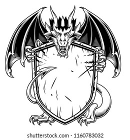 Fantasy dragon with warrior shield. Vector illustration