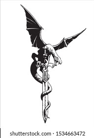 Fantasy Dragon with wings spread on a sword - vector illustration (original artwork)
